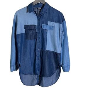 a.n.a Women's Tri-Tone Blue Chambray Button-Down Shirt High Low Hem Size XS NWOT
